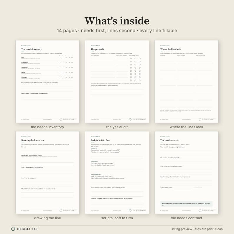 May include: A 14-page digital workbook titled What's inside, featuring fillable sections including The needs inventory, The yes audit, Where the lines leak, Drawing the line, Scripts, soft to firm, and The needs contract with black text on white.
