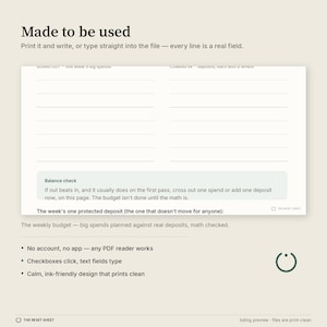 May include: A digital budget planner template with the heading Made to be used. It features sections for Going Out and Coming In with fillable lines, a Balance check box, and text explaining that the PDF is interactive for typing or printing.