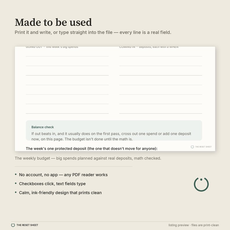 May include: A digital budget planner template with the heading Made to be used. It features sections for Going Out and Coming In with fillable lines, a Balance check box, and text explaining that the PDF is interactive for typing or printing.