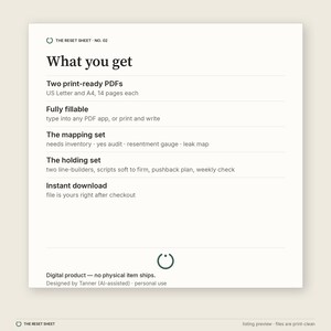May include: A digital document titled The Reset Sheet No. 02, listing contents including two print-ready PDFs in US Letter and A4 sizes, 14 pages each. Features include fillable fields, a mapping set, a holding set, and instant download.