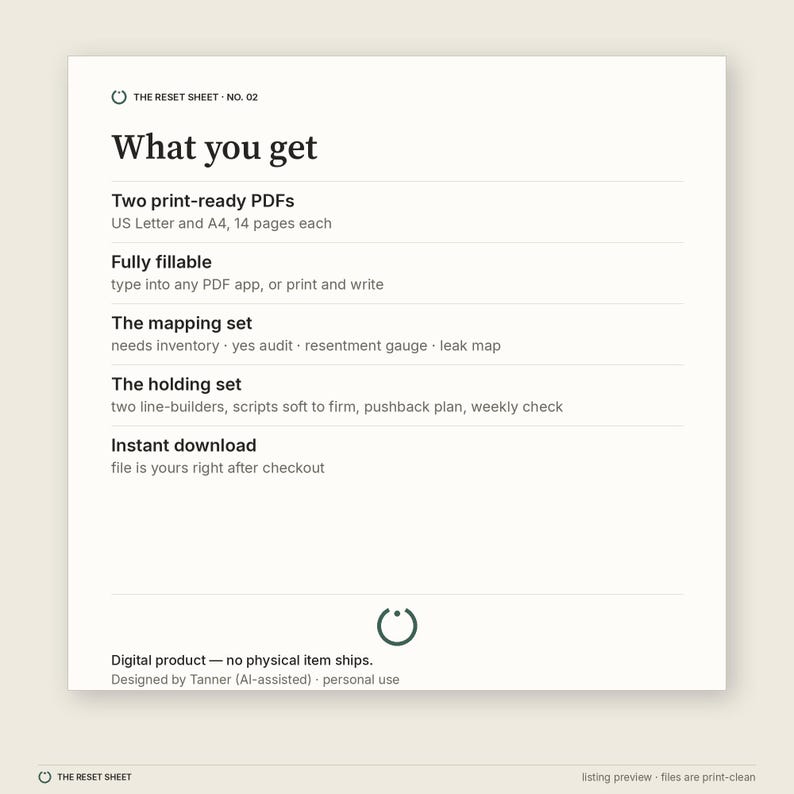 May include: A digital document titled The Reset Sheet No. 02, listing contents including two print-ready PDFs in US Letter and A4 sizes, 14 pages each. Features include fillable fields, a mapping set, a holding set, and instant download.