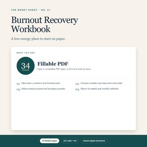 Burnout Recovery Workbook, 34-Page Fillable PDF for a Low-Energy Reset image 1