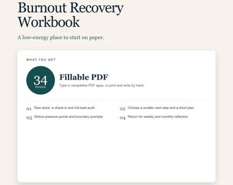 Burnout Recovery Workbook, 34-Page Fillable PDF for a Low-Energy Reset
