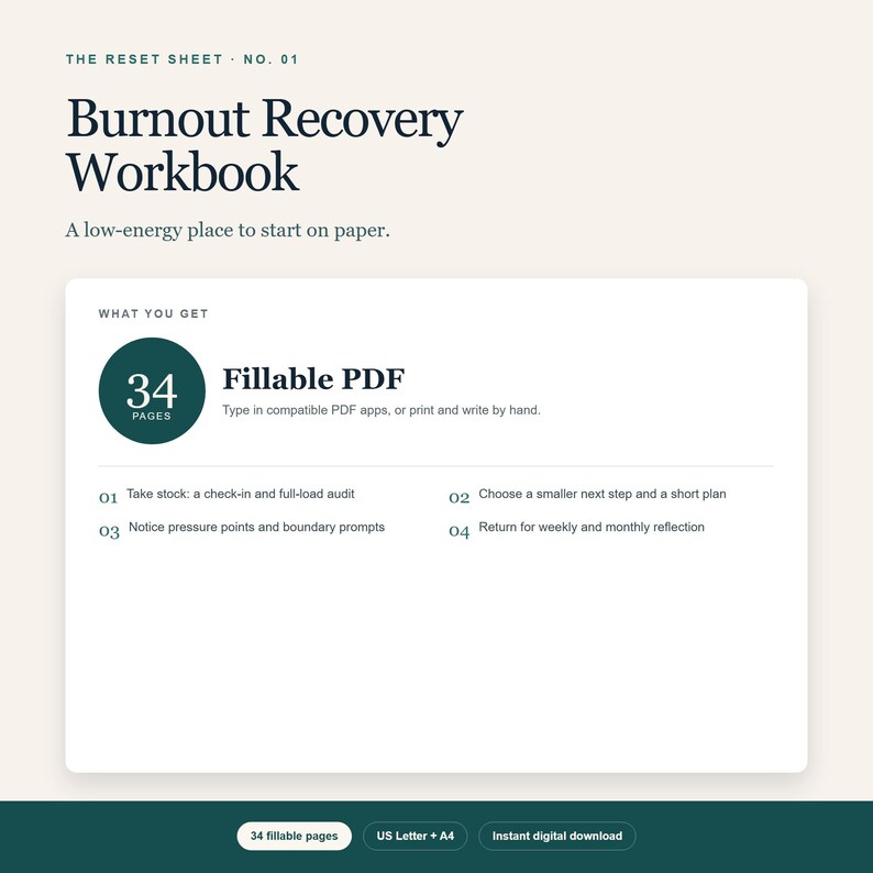 Burnout Recovery Workbook, 34-Page Fillable PDF for a Low-Energy Reset image 1