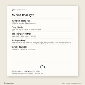 May include: A digital product information sheet titled The Reset Sheet No. 01. It lists features including two print-ready PDFs in US Letter and A4 sizes, a four-part method, fillable fields, and tools like an energy budget and check-in.
