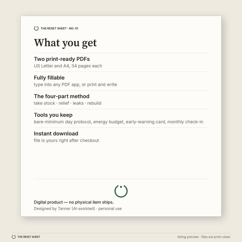 May include: A digital product information sheet titled The Reset Sheet No. 01. It lists features including two print-ready PDFs in US Letter and A4 sizes, a four-part method, fillable fields, and tools like an energy budget and check-in.