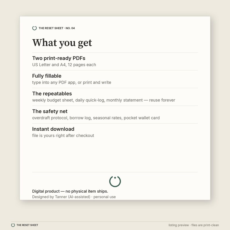 May include: A digital product information sheet titled The Reset Sheet No. 04. It lists features including two print-ready PDFs in US Letter and A4 sizes, fillable fields, repeatable budget and log sheets, a safety net section, and instant download.