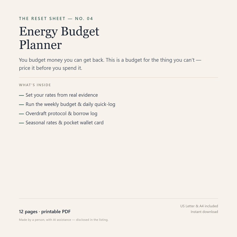 Weekly Energy Budget Planner, 12-Page Printable PDF for Capacity Planning image 1