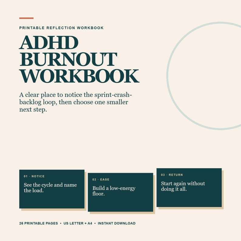 ADHD-arbetsbok om utbrändhet, 26-sidig utskrivbar PDF för överväldigande reflektion bild 1