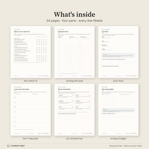 May include: A 34-page digital planner set with four distinct sections, featuring fillable lines and checkboxes. The pages include titles such as Where you are right now, Sorting the load, Your floor, A seven-day micro-plan, The six mismatches, and The energy budget.