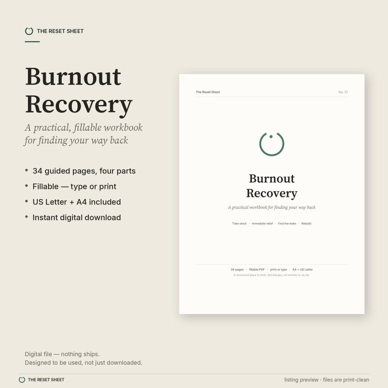 May include: A digital workbook titled Burnout Recovery, featuring 34 guided pages divided into four parts. The document is fillable, available in US Letter and A4 sizes, and includes text such as The Reset Sheet, Burnout Recovery, A practical, fillable workbook for finding your way back, and Take stock, Immediate relief, Find the leaks, Rebuild.