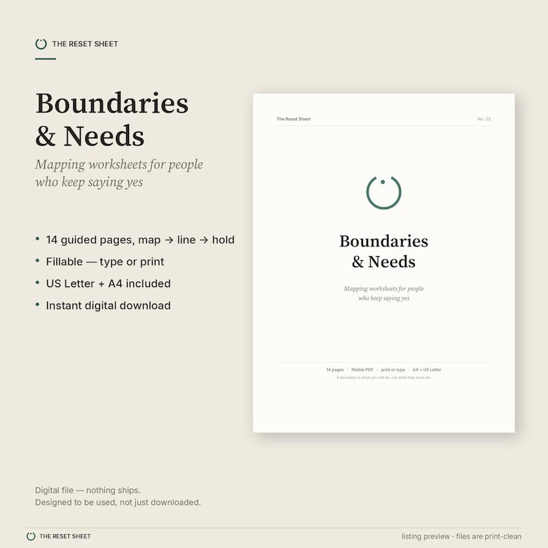 May include: A digital worksheet set titled Boundaries & Needs, featuring 14 guided pages for mapping boundaries. The document includes a circular logo, the text Mapping worksheets for people who keep saying yes, and indicates compatibility with US Letter and A4 sizes.