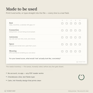 May include: A digital needs inventory form with the title Made to be used. It features five categories: Rest, Connection, Autonomy, Space, and Meaning, each with five checkboxes. Includes text fields for input and notes on PDF compatibility and design.