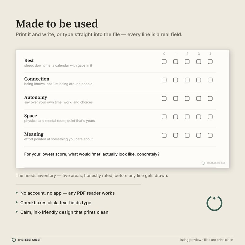 May include: A digital needs inventory form with the title Made to be used. It features five categories: Rest, Connection, Autonomy, Space, and Meaning, each with five checkboxes. Includes text fields for input and notes on PDF compatibility and design.