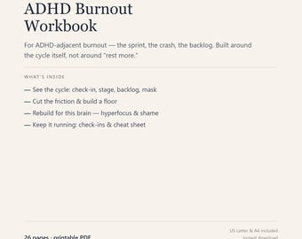 Werkboek voor herstel van ADHD-burnout – printbare PDF voor executieve disfunctie (A4 + US Letter)