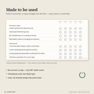 May include: A digital assessment form titled Made to be used, featuring a checklist with statements about personal well-being. It includes rows of checkboxes labeled Never, Rarely, Some, Often, and Always, with interactive fields for typing or printing.