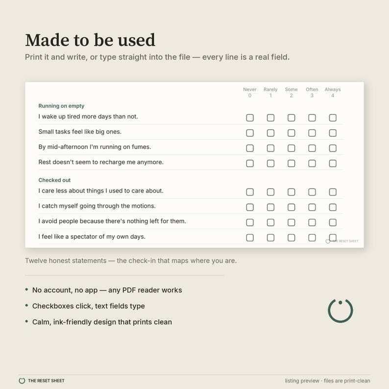 May include: A digital assessment form titled Made to be used, featuring a checklist with statements about personal well-being. It includes rows of checkboxes labeled Never, Rarely, Some, Often, and Always, with interactive fields for typing or printing.