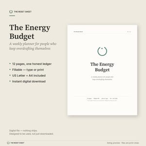 May include: A digital weekly planner titled The Energy Budget, featuring a dark green circular icon, twelve pages, and an honest ledger. The document is fillable, available in US Letter and A4 sizes, and includes text describing it as a weekly planner for people who keep overdrafting themselves.