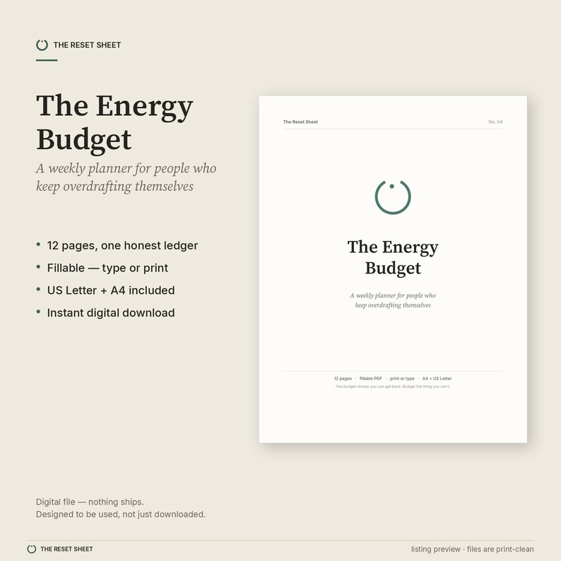 May include: A digital weekly planner titled The Energy Budget, featuring a dark green circular icon, twelve pages, and an honest ledger. The document is fillable, available in US Letter and A4 sizes, and includes text describing it as a weekly planner for people who keep overdrafting themselves.