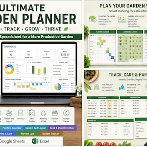 May include: An Ultimate Garden Planner spreadsheet for Google Sheets and Excel. The digital tool features a dashboard, planting calendar, garden bed layout, seed and plant inventory, task tracker, watering and care log, harvest log, and budget tracker.