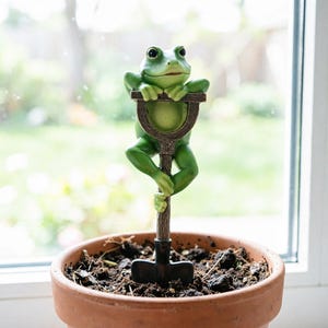 Garden Plant Stake Figurine Set of 4 or Single, Frog Rabbit Turtle Gnome Shovel Pot Decor, Houseplant Ornament, Plant Lover Gift