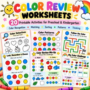 May include: A set of 20 printable color review worksheets for preschool and kindergarten featuring activities like color recognition, matching, sorting, patterns, and thinking. The pages include colorful graphics, mazes, and counting exercises.