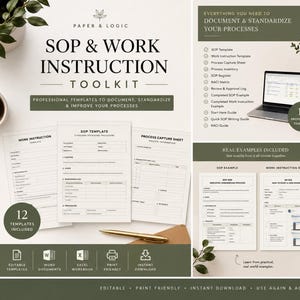 Op de afbeelding: Een SOP- en werkinstructie-toolkit met 12 bewerkbare sjablonen voor het documenteren van bedrijfsprocessen. De set bevat een SOP-sjabloon, werkinstructiesjabloon, procesregistratieblad en praktijkvoorbeelden op vellen wit papier.