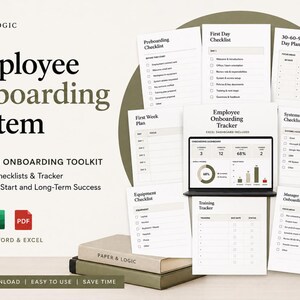 May include: An employee onboarding system toolkit featuring various checklists and a tracker displayed on a laptop screen. The documents include a preboarding checklist, first day checklist, 30-60-90 day plan, and equipment checklist, with Word, Excel, and PDF icons.