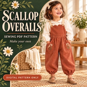 Peut inclure: Un patron de couture PDF numérique pour salopette à festons, avec le texte Scallop Overalls Sewing PDF Pattern Make your own Digital Pattern Only. L'image montre un enfant portant une salopette en velours côtelé rouille avec des bords festonnés, des boutons en bois et des broderies florales sur les poches.