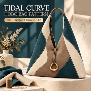 May include: A hobo bag featuring a color-blocked design in teal, cream, and brown suede panels with a gold-toned hardware accent at the center. The text TIDAL CURVE HOBO BAG PATTERN PDF INSTANT DOWNLOAD is visible in the upper left corner of the image.
