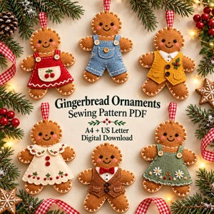 Op de afbeelding: Zes vilten peperkoekmannetjes-ornamenten met geborduurde gezichten en diverse outfits, waaronder jurken, tuinbroeken en vesten. De tekst luidt: Gingerbread Ornaments Sewing Pattern PDF, A4 + US Letter, Digital Download.