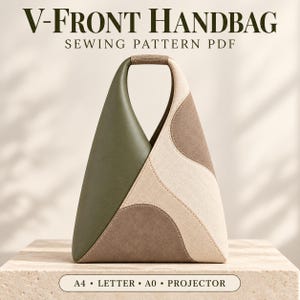 Pode incluir: Um molde de costura em PDF para bolsa V-Front, apresentando uma bolsa triangular com um lado verde-oliva e um lado com painéis texturizados em bege e marrom. O texto V-FRONT HANDBAG SEWING PATTERN PDF e A4 • LETTER • A0 • PROJECTOR é visível.