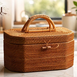 May include: A light brown woven rattan storage box with an octagonal shape, a hinged lid, and a single arched handle on top. The lid is secured with a small wooden toggle and a thin cord loop closure, featuring a consistent textured weave pattern.