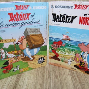 Dwie stare komiksowe książki o Asterixie w języku francuskim autorstwa Goscinny'ego i Uderzo