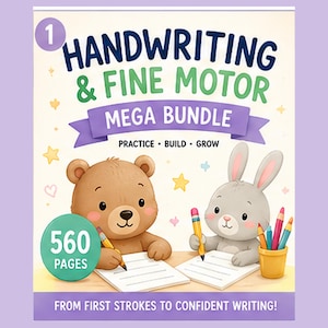 Pode incluir: Uma capa de produto digital intitulada Handwriting & Fine Motor Mega Bundle com o texto Practice Build Grow e From First Strokes to Confident Writing. Apresenta um urso castanho e um coelho cinzento a escrever em papel com lápis.