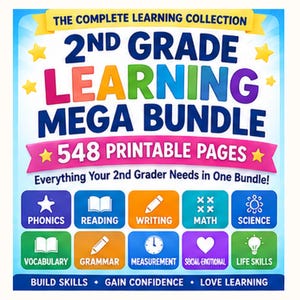 May include: A 2nd Grade Learning Mega Bundle educational resource featuring 548 printable pages. The cover displays colourful text and icons representing subjects including phonics, reading, writing, math, science, vocabulary, grammar, and life skills.