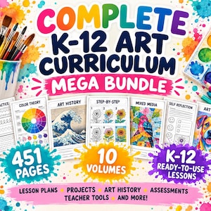 以下が含まれることがあります： COMPLETE K-12 ART CURRICULUM MEGA BUNDLE、451 PAGES、10 VOLUMES、K-12 READY-TO-USE LESSONSというテキストが記載されたアートカリキュラムのセット。絵筆、水彩絵の具、線画練習、色彩理論、美術史、プロジェクトのワークシートが含まれています。