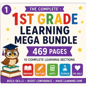 May include: A square educational resource cover titled The Complete 1st Grade Learning Mega Bundle with 469 pages and 10 learning sections. It features a cartoon owl wearing a graduation cap on books and icons for reading, writing, math, science, and life skills.