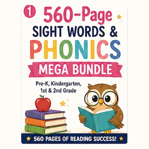 Può includere: Un pacchetto educativo di 560 pagine su parole a vista e fonetica per la scuola dell'infanzia fino alla seconda elementare. La copertina mostra una pila di tre libri con una mela rossa, un gufo con gli occhiali che legge e stelle gialle.