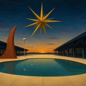 Peut inclure: Un paysage surr&eacute;aliste avec une piscine turquoise centrale entour&eacute;e de dalles en pierre beige. Deux b&acirc;timents bleus sym&eacute;triques avec des colonnades en arc entourent la piscine. Une grande &eacute;toile jaune flotte dans le ciel sombre au cr&eacute;puscule.