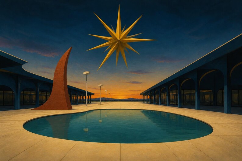 Peut inclure: Un paysage surr&eacute;aliste avec une piscine turquoise centrale entour&eacute;e de dalles en pierre beige. Deux b&acirc;timents bleus sym&eacute;triques avec des colonnades en arc entourent la piscine. Une grande &eacute;toile jaune flotte dans le ciel sombre au cr&eacute;puscule.