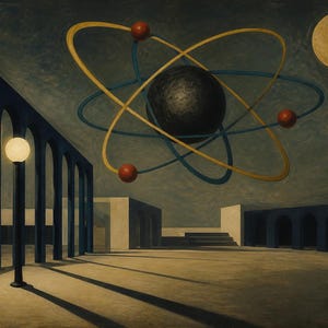 Peut inclure: Une peinture surr&eacute;aliste repr&eacute;sentant une sph&egrave;re centrale sombre et textur&eacute;e, orbit&eacute;e par des anneaux jaunes et bleus avec de petites sph&egrave;res rouges. La sc&egrave;ne pr&eacute;sente une s&eacute;rie d'arches bleu fonc&eacute;, un lampadaire lumineux et une lune p&acirc;le.