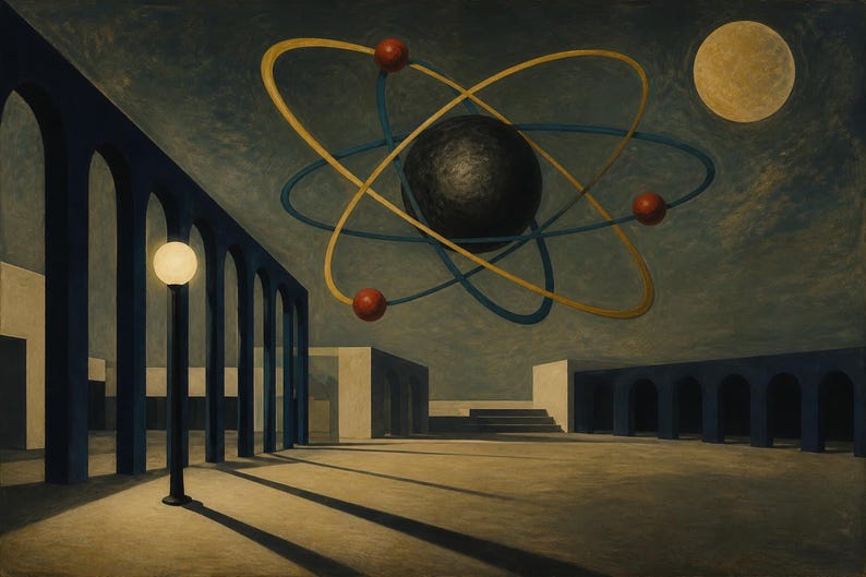 Peut inclure: Une peinture surr&eacute;aliste repr&eacute;sentant une sph&egrave;re centrale sombre et textur&eacute;e, orbit&eacute;e par des anneaux jaunes et bleus avec de petites sph&egrave;res rouges. La sc&egrave;ne pr&eacute;sente une s&eacute;rie d'arches bleu fonc&eacute;, un lampadaire lumineux et une lune p&acirc;le.
