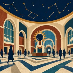 May include: A stylized illustration of a grand train station interior with a high domed ceiling featuring gold constellations on a dark blue background. A large sunburst clock stands in the center, surrounded by silhouettes of people in coats.