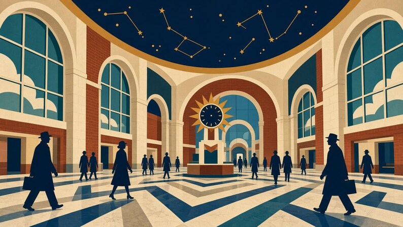 May include: A stylized illustration of a grand train station interior with a high domed ceiling featuring gold constellations on a dark blue background. A large sunburst clock stands in the center, surrounded by silhouettes of people in coats.