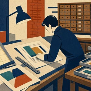 May include: A stylized illustration of a person in a dark blue shirt working at a drafting table with a lamp, a ruler, and several papers featuring geometric color blocks. A large wooden cabinet with many small drawers is visible in the background.