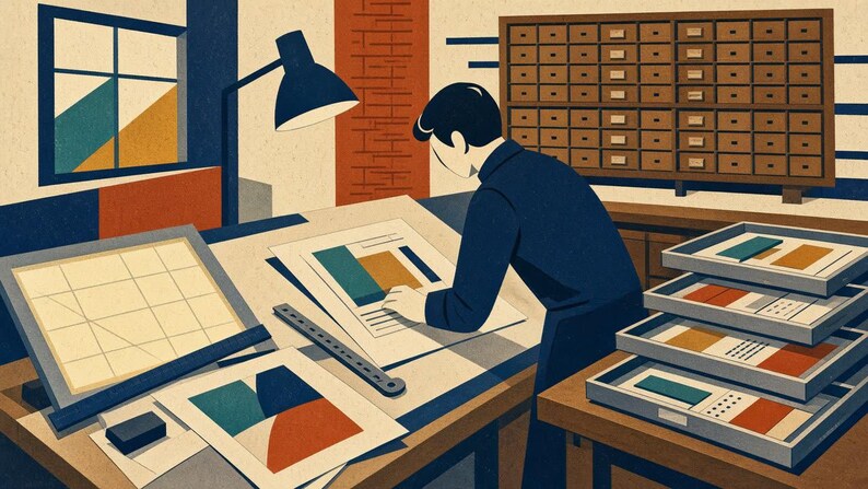 May include: A stylized illustration of a person in a dark blue shirt working at a drafting table with a lamp, a ruler, and several papers featuring geometric color blocks. A large wooden cabinet with many small drawers is visible in the background.