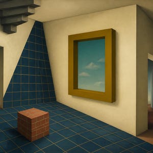 May include: A surreal painting depicting an interior room with beige walls, a blue tiled floor, and a blue tiled triangular wall section. A red brick cube sits on the floor. A large mustard-colored frame displays a view of a blue sky with clouds.