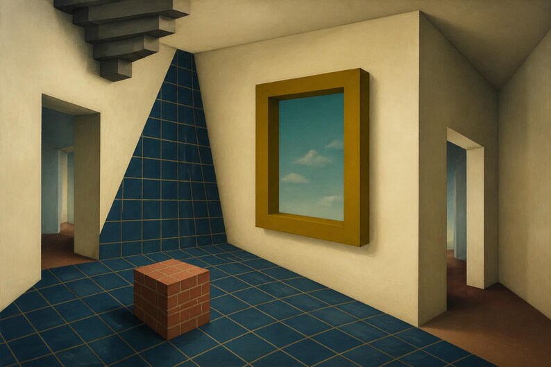 May include: A surreal painting depicting an interior room with beige walls, a blue tiled floor, and a blue tiled triangular wall section. A red brick cube sits on the floor. A large mustard-colored frame displays a view of a blue sky with clouds.