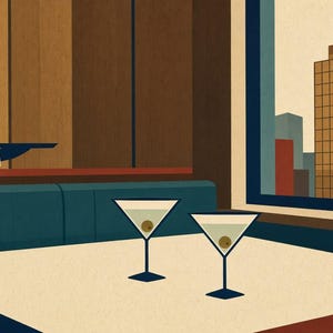 May include: A stylized illustration of a waiter in a dark suit holding a tray, standing near a table with two martini glasses containing olives. A large window in the background displays a city skyline with a tall building under a pale sky.